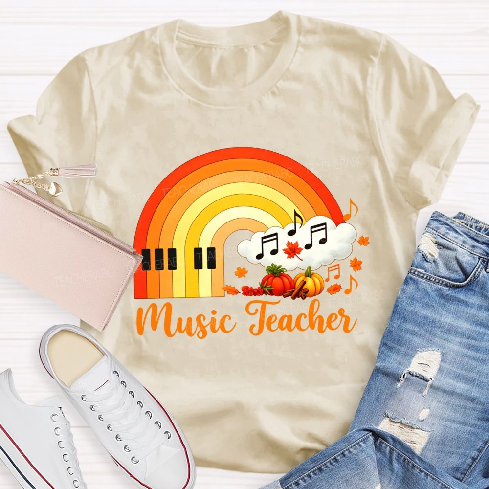 Fall Music Teacher Piano Rainbow Pumpkin Maple Leaf Autumn T-shirt