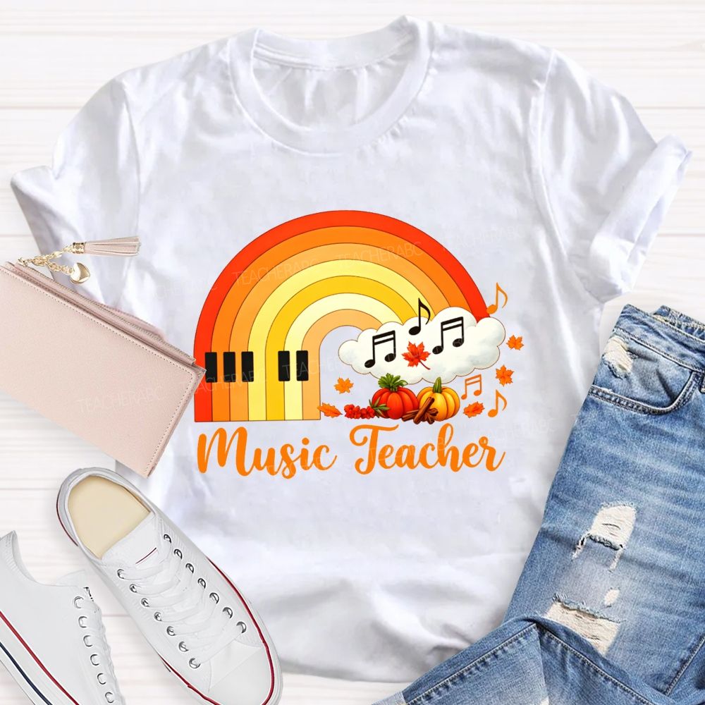 Fall Music Teacher Piano Rainbow Pumpkin Maple Leaf Autumn T-shirt