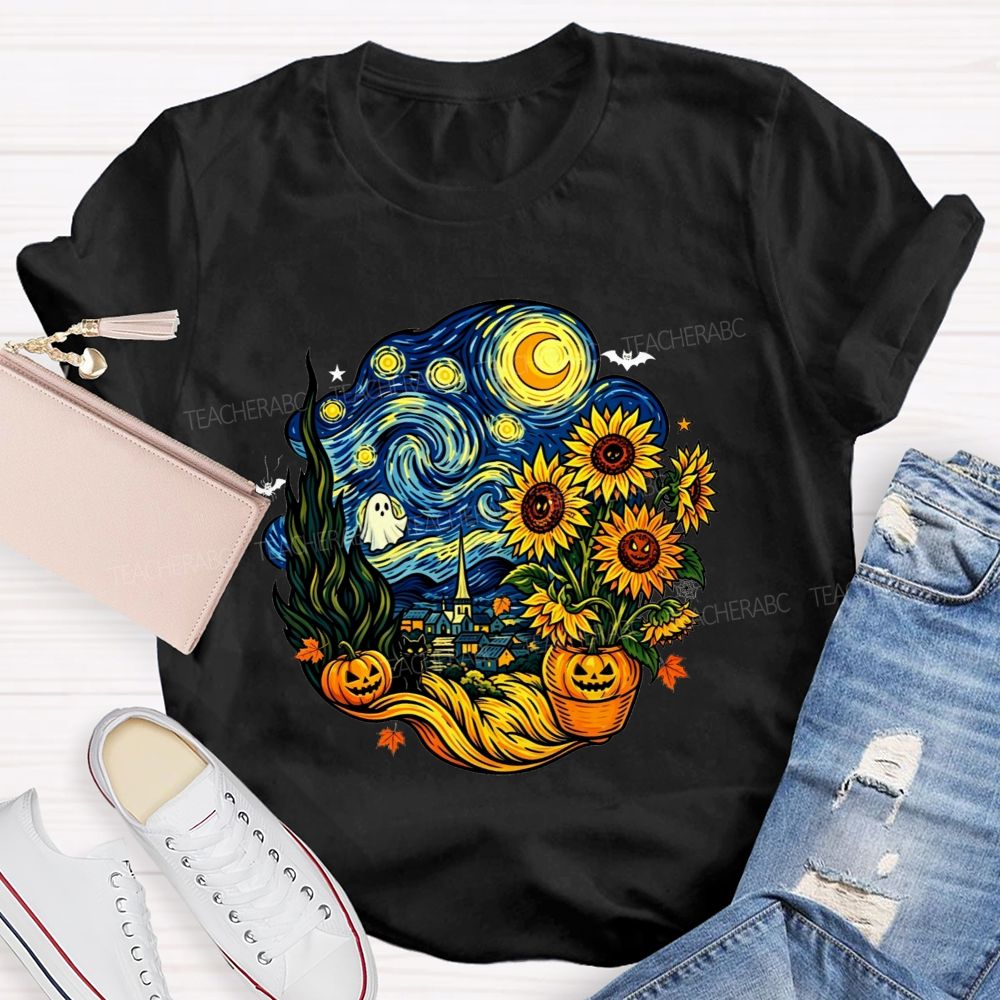 Halloween Starry Night Art Ghost Black Cat Pumpkin Sunflower Art Teacher T-shirt