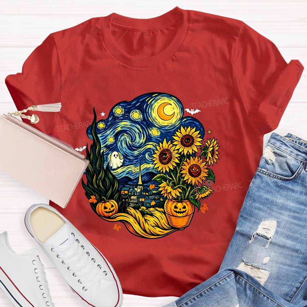 Halloween Starry Night Art Ghost Black Cat Pumpkin Sunflower Art Teacher T-shirt