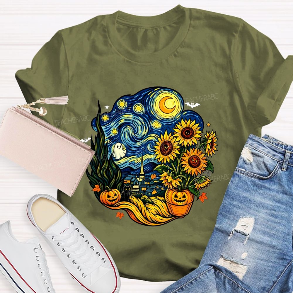 Halloween Starry Night Art Ghost Black Cat Pumpkin Sunflower Art Teacher T-shirt