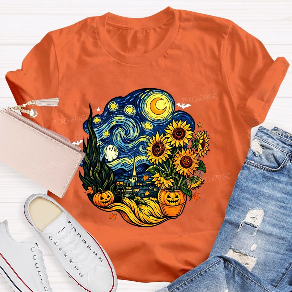 Halloween Starry Night Art Ghost Black Cat Pumpkin Sunflower Art Teacher T-shirt