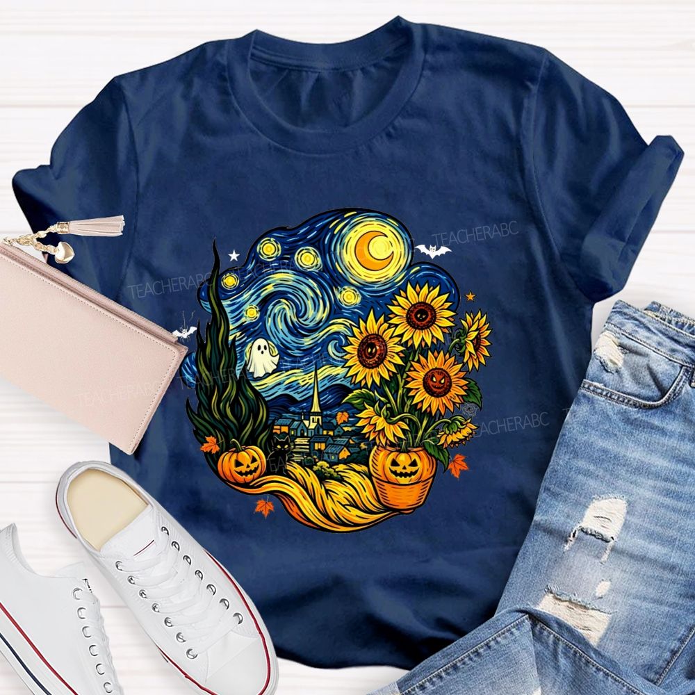 Halloween Starry Night Art Ghost Black Cat Pumpkin Sunflower Art Teacher T-shirt
