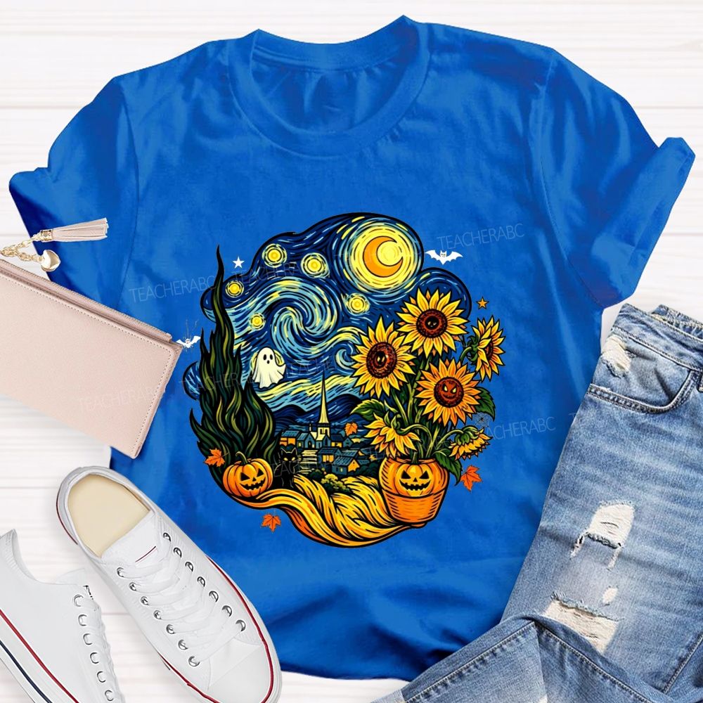 Halloween Starry Night Art Ghost Black Cat Pumpkin Sunflower Art Teacher T-shirt