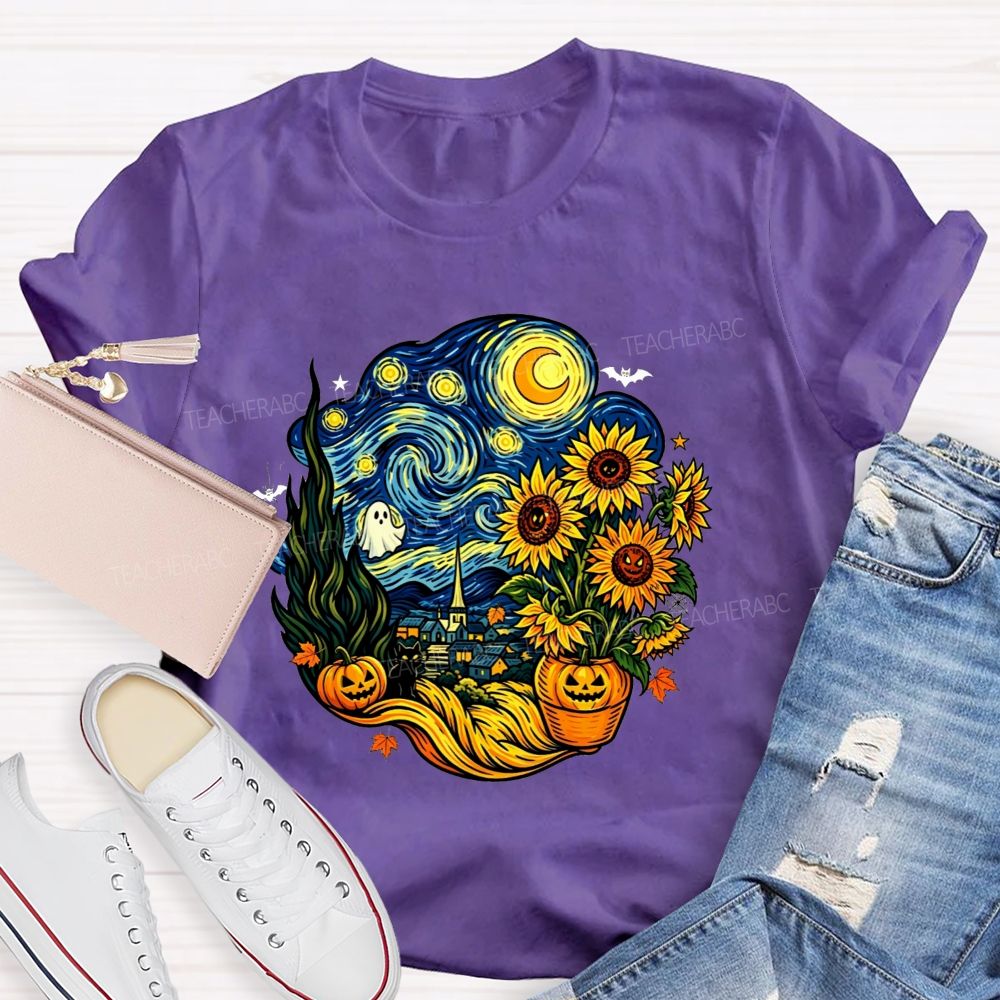 Halloween Starry Night Art Ghost Black Cat Pumpkin Sunflower Art Teacher T-shirt