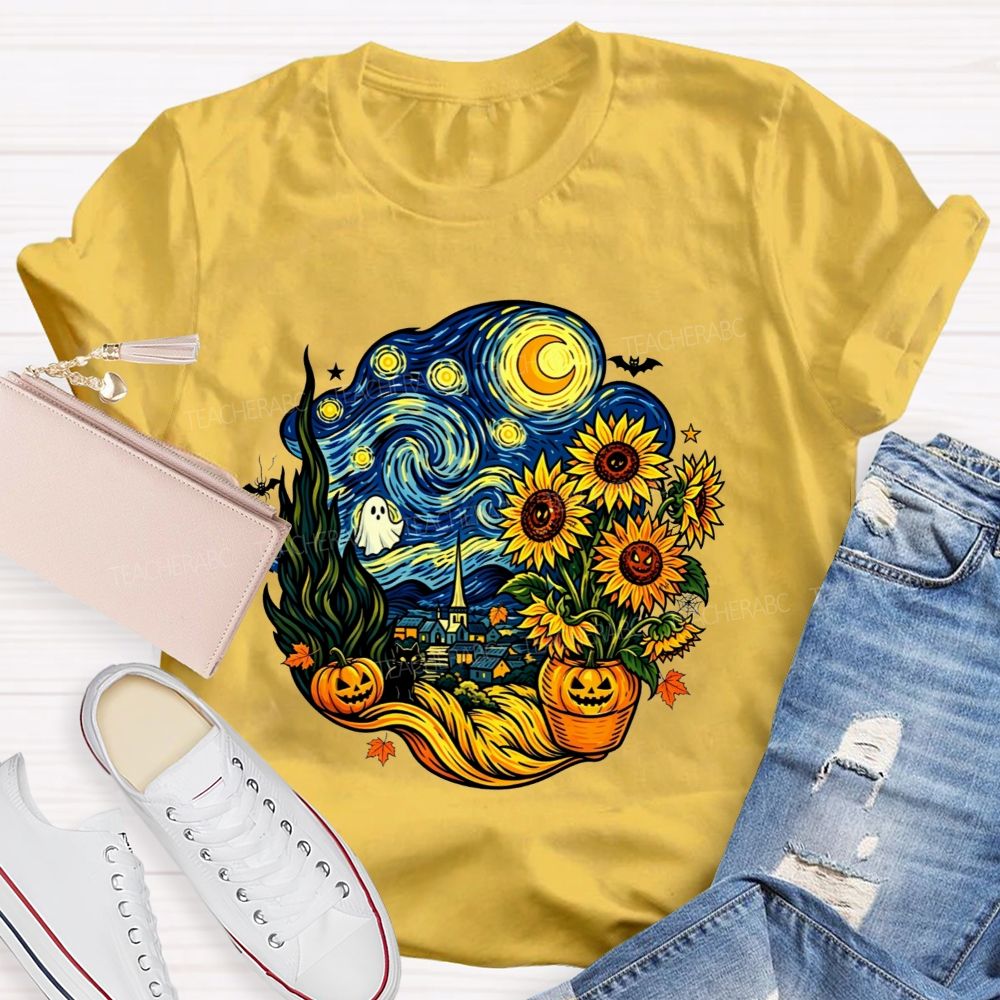 Halloween Starry Night Art Ghost Black Cat Pumpkin Sunflower Art Teacher T-shirt