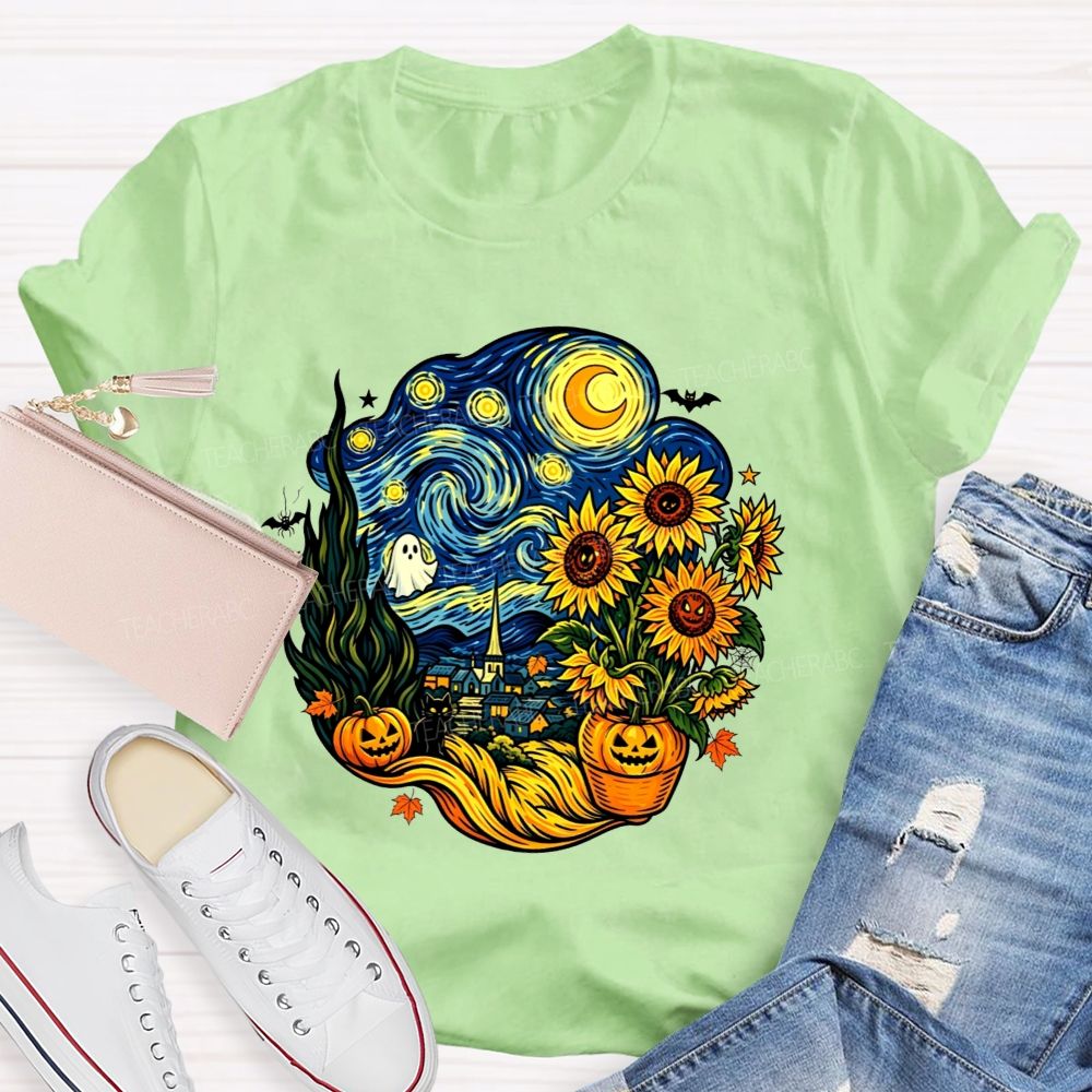 Halloween Starry Night Art Ghost Black Cat Pumpkin Sunflower Art Teacher T-shirt