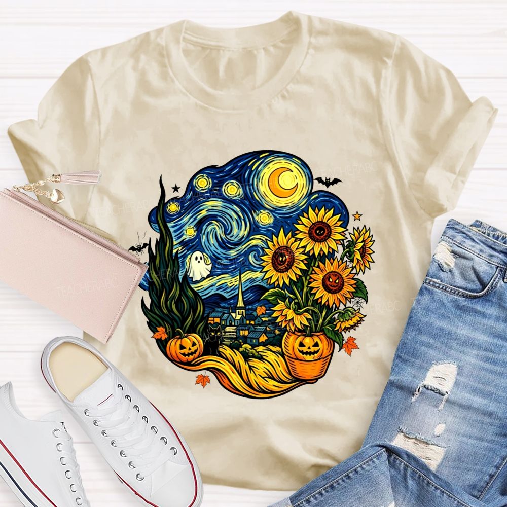 Halloween Starry Night Art Ghost Black Cat Pumpkin Sunflower Art Teacher T-shirt