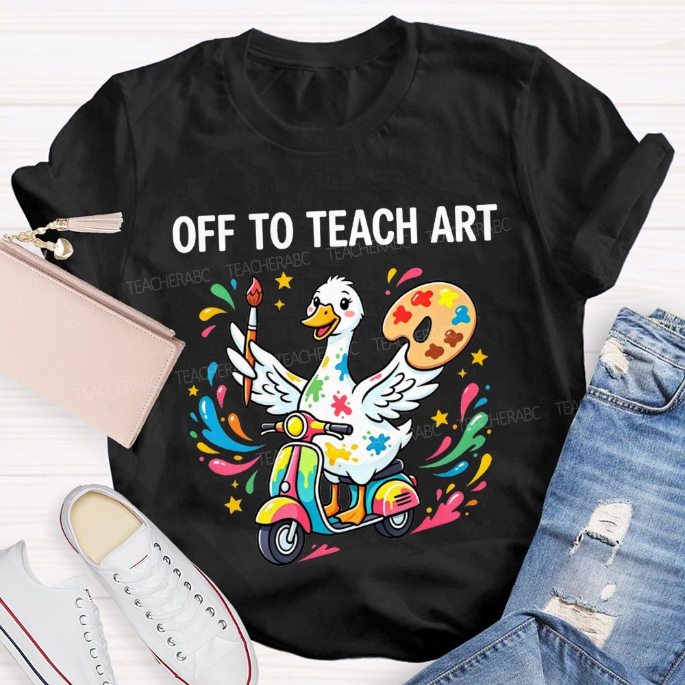 Off To Teach Art Cute Paint Splatter Duck On Scooter Art Teacher T-shirt