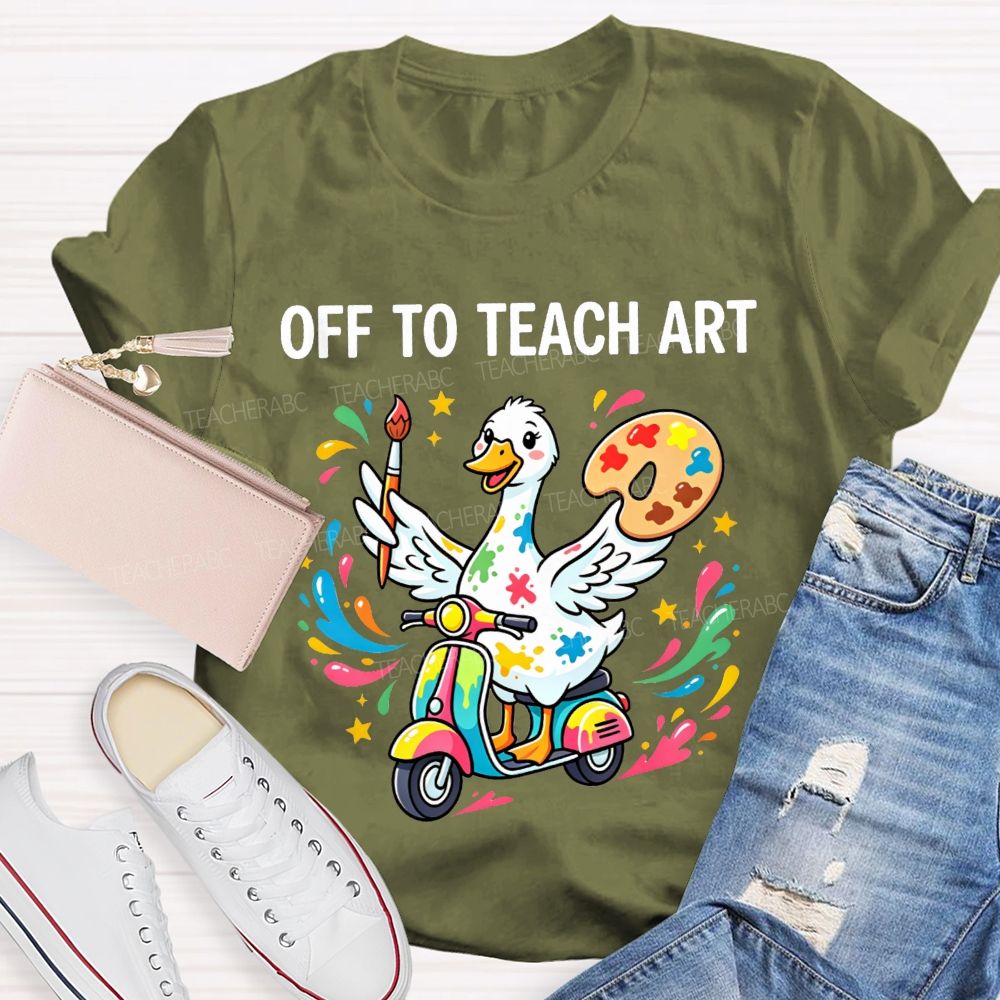Off To Teach Art Cute Paint Splatter Duck On Scooter Art Teacher T-shirt