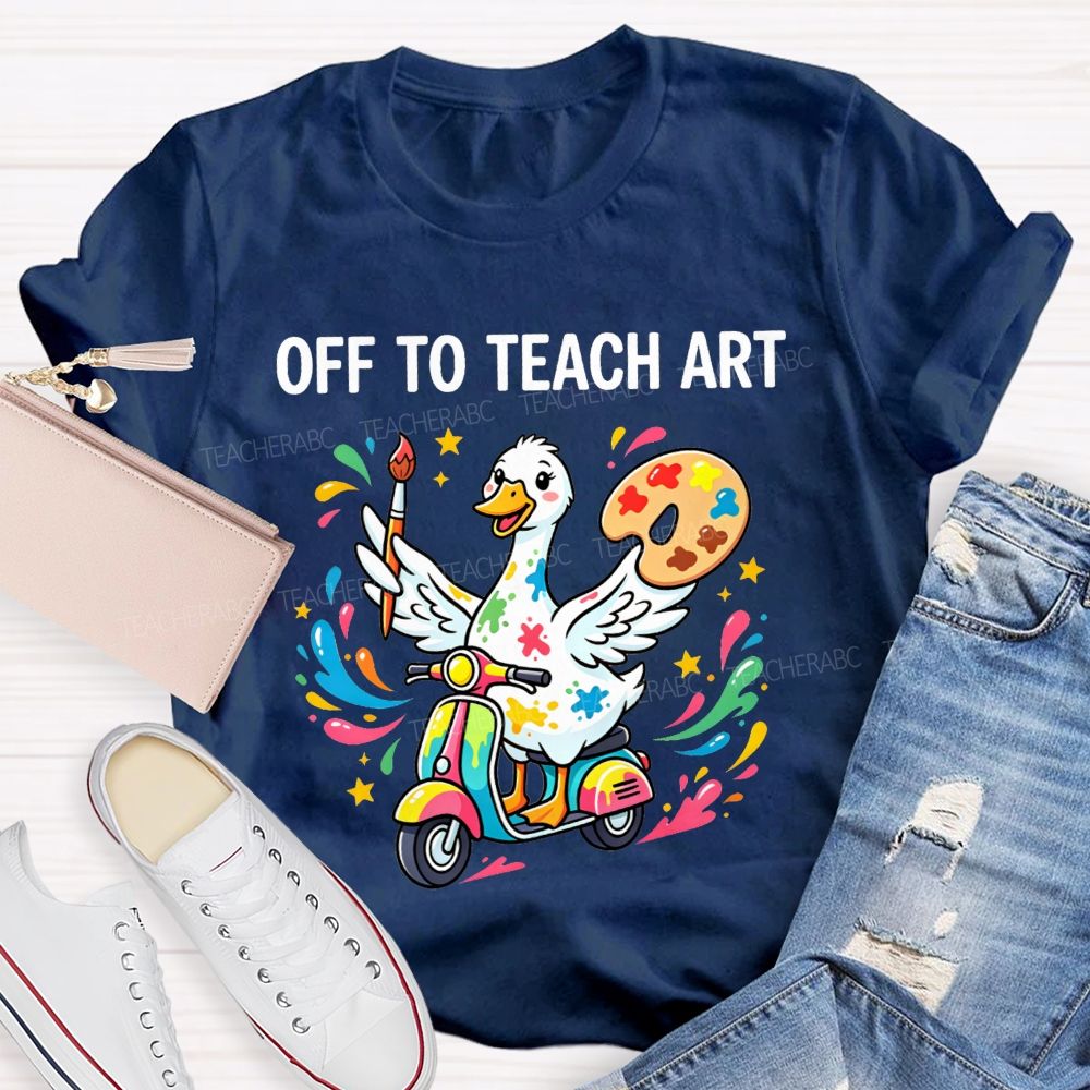 Off To Teach Art Cute Paint Splatter Duck On Scooter Art Teacher T-shirt