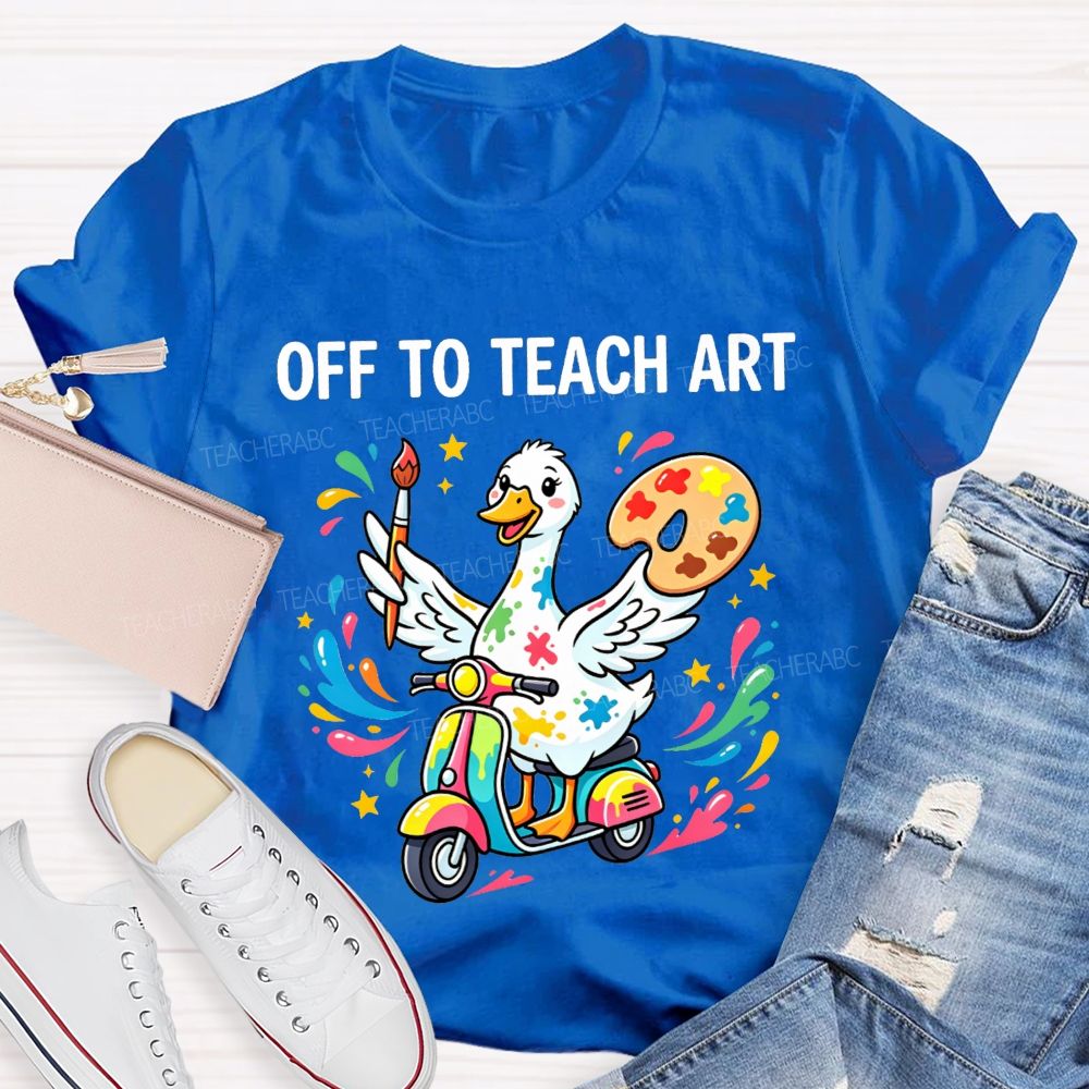 Off To Teach Art Cute Paint Splatter Duck On Scooter Art Teacher T-shirt
