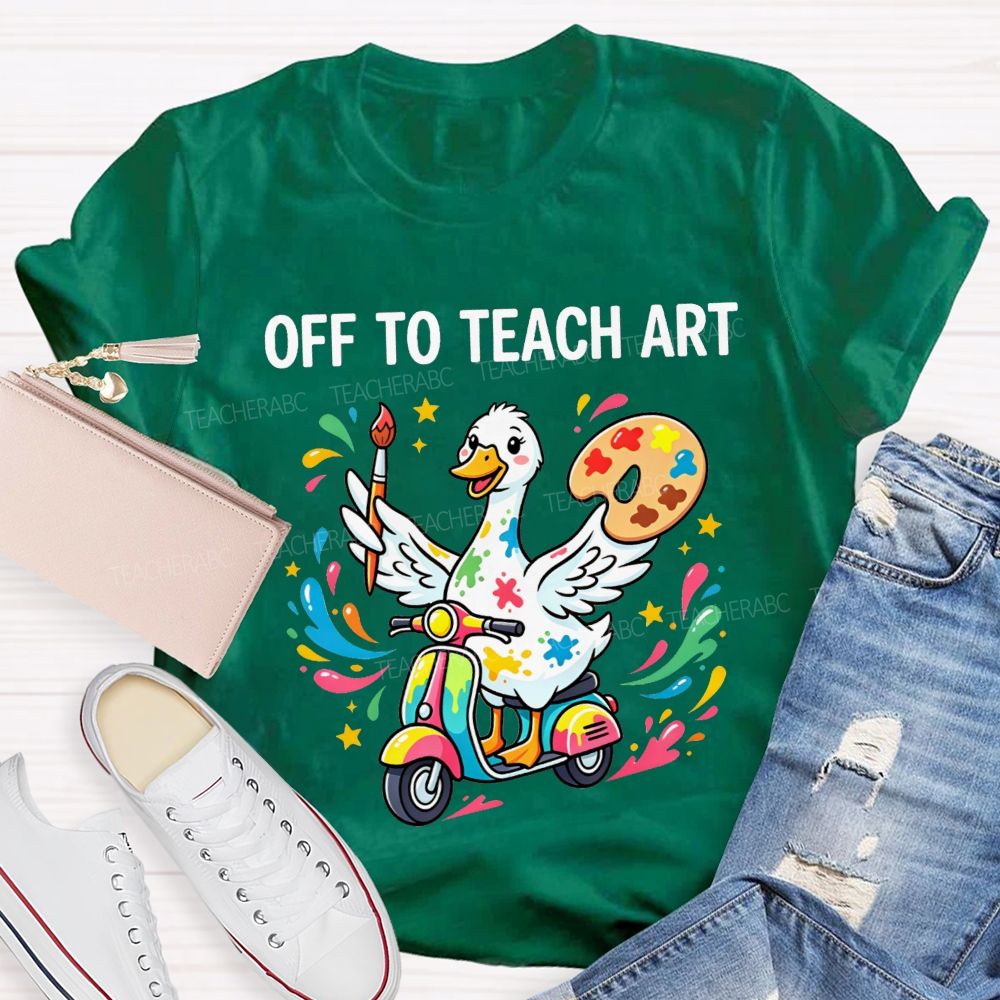 Off To Teach Art Cute Paint Splatter Duck On Scooter Art Teacher T-shirt