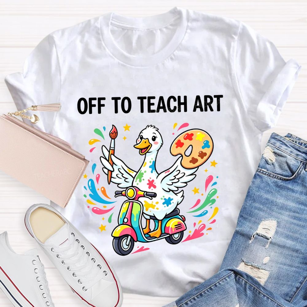 Off To Teach Art Cute Paint Splatter Duck On Scooter Art Teacher T-shirt