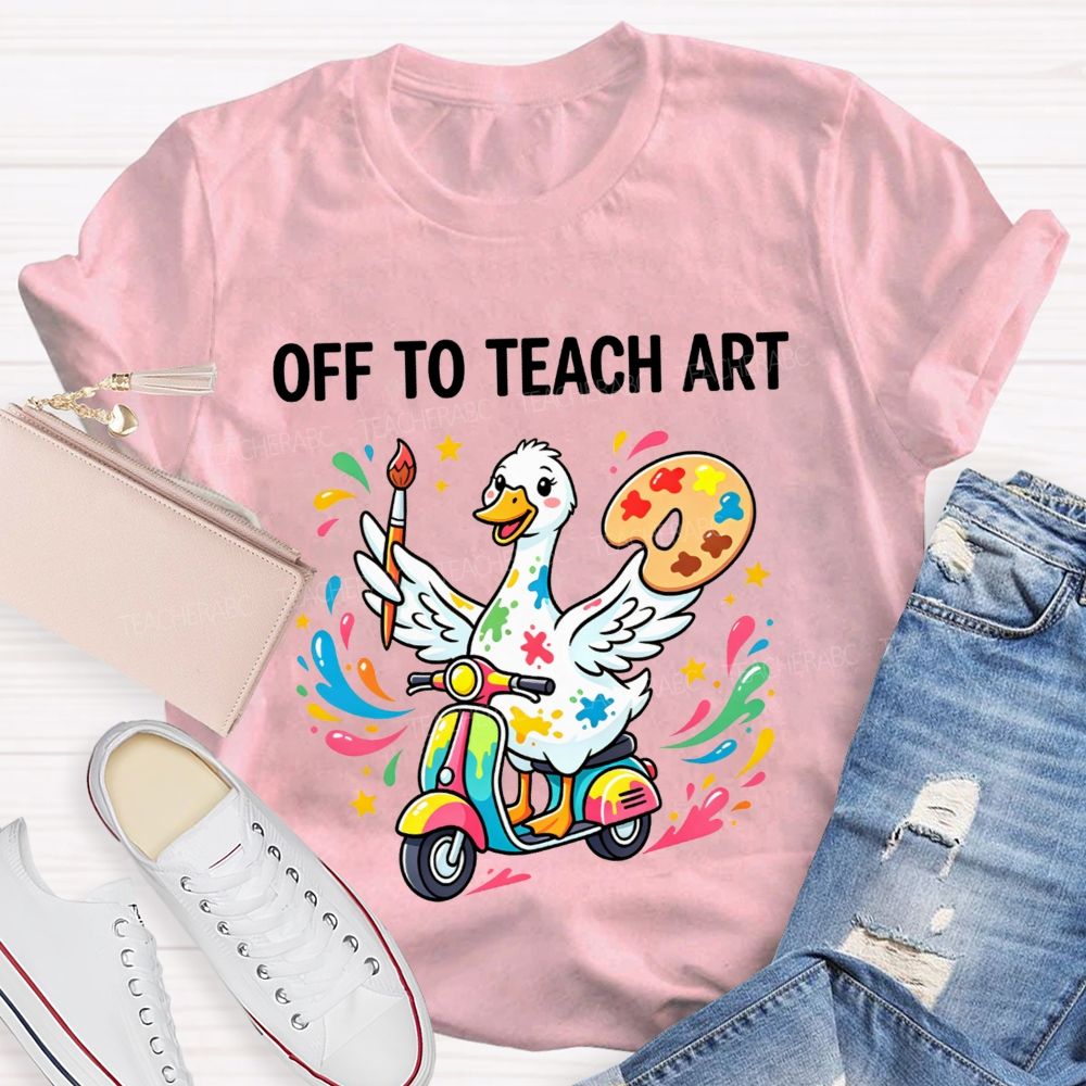 Off To Teach Art Cute Paint Splatter Duck On Scooter Art Teacher T-shirt