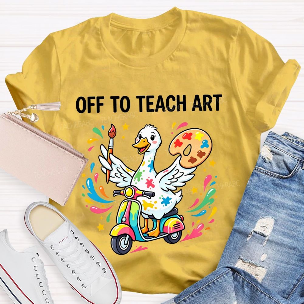 Off To Teach Art Cute Paint Splatter Duck On Scooter Art Teacher T-shirt