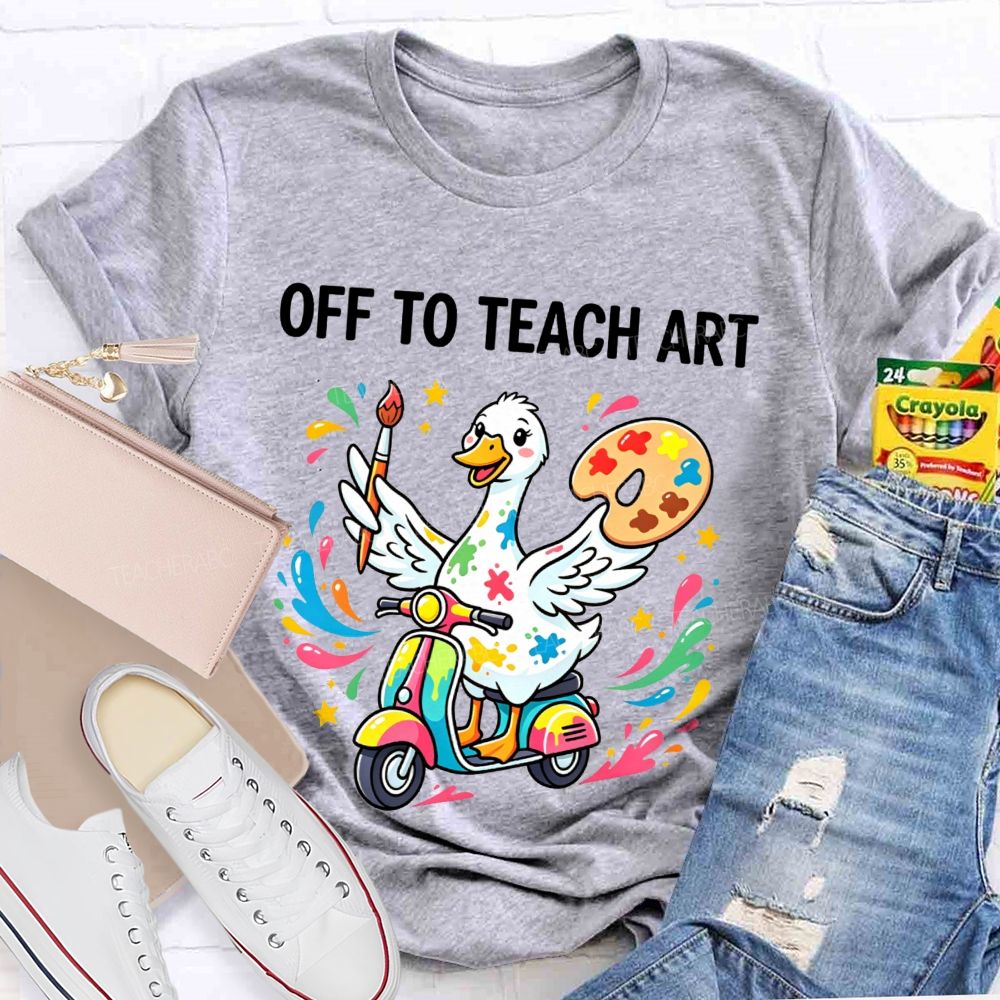 Off To Teach Art Cute Paint Splatter Duck On Scooter Art Teacher T-shirt