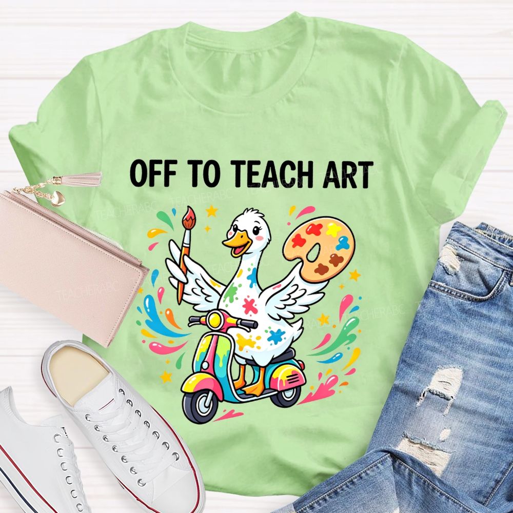 Off To Teach Art Cute Paint Splatter Duck On Scooter Art Teacher T-shirt