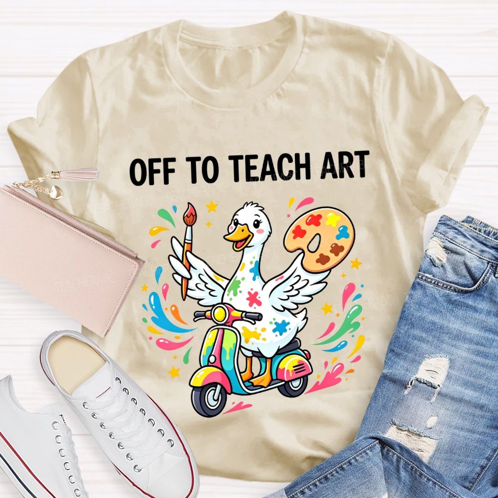 Off To Teach Art Cute Paint Splatter Duck On Scooter Art Teacher T-shirt