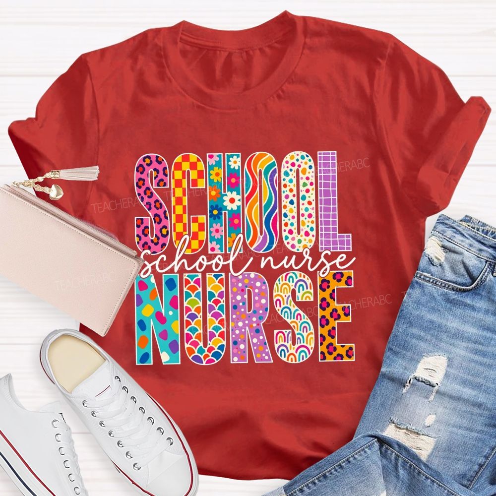 School Nurse Colorful Leopard Checkered Rainbow Graphic T-shirt