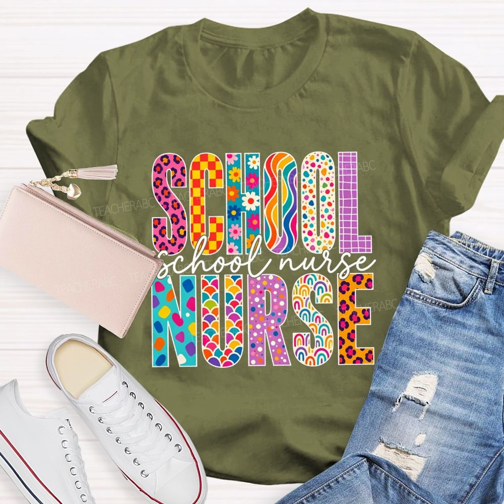 School Nurse Colorful Leopard Checkered Rainbow Graphic T-shirt