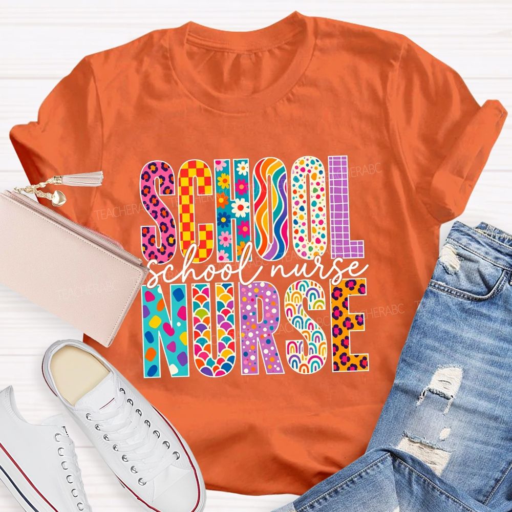School Nurse Colorful Leopard Checkered Rainbow Graphic T-shirt