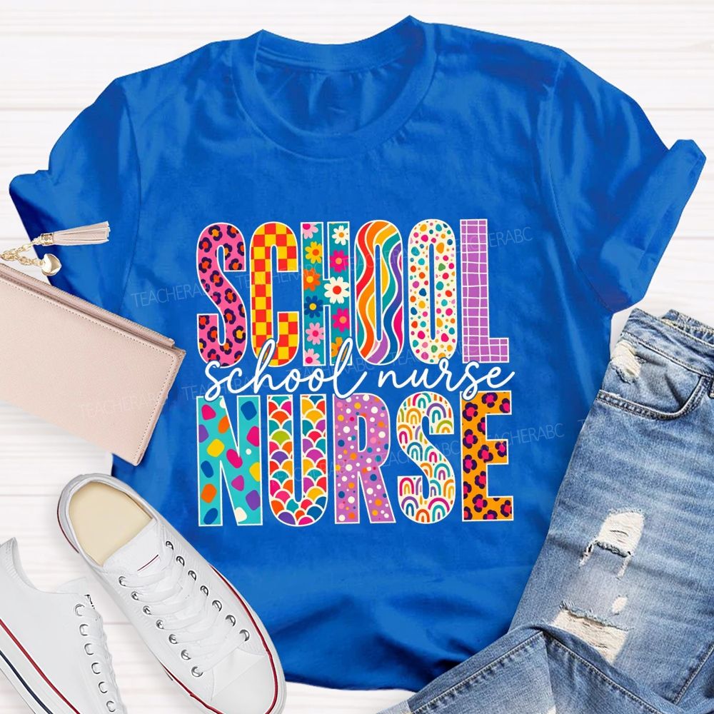 School Nurse Colorful Leopard Checkered Rainbow Graphic T-shirt