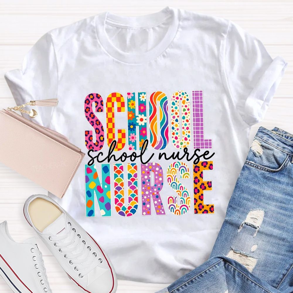 School Nurse Colorful Leopard Checkered Rainbow Graphic T-shirt