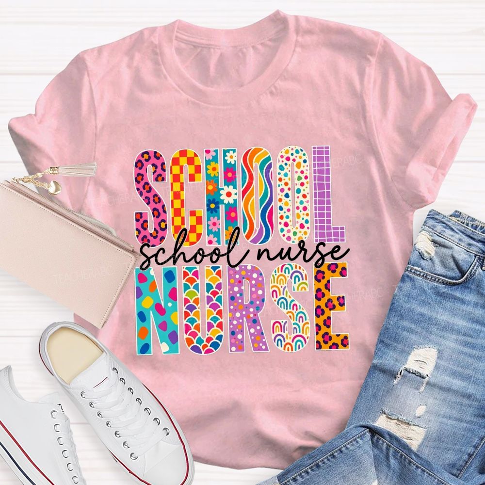 School Nurse Colorful Leopard Checkered Rainbow Graphic T-shirt