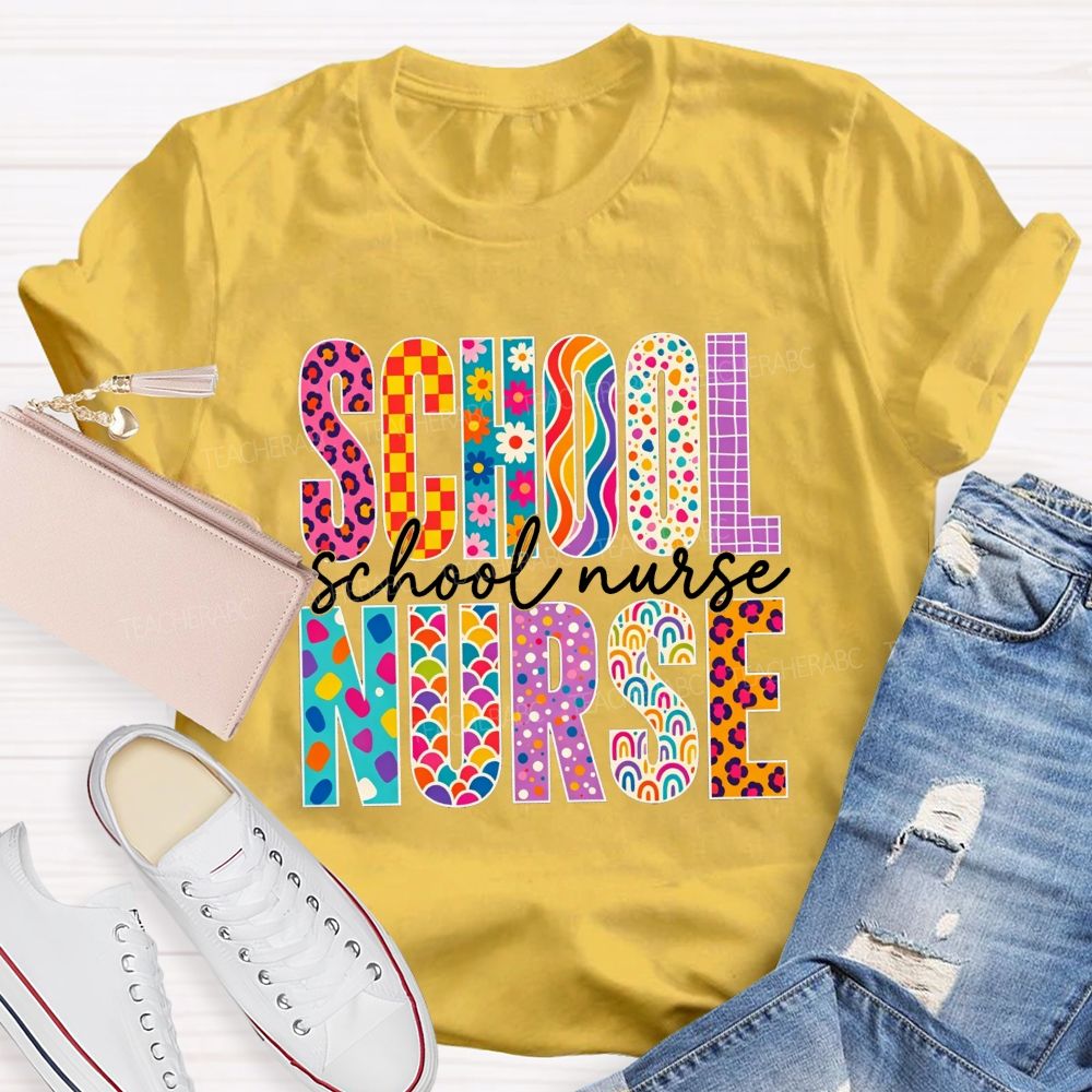 School Nurse Colorful Leopard Checkered Rainbow Graphic T-shirt