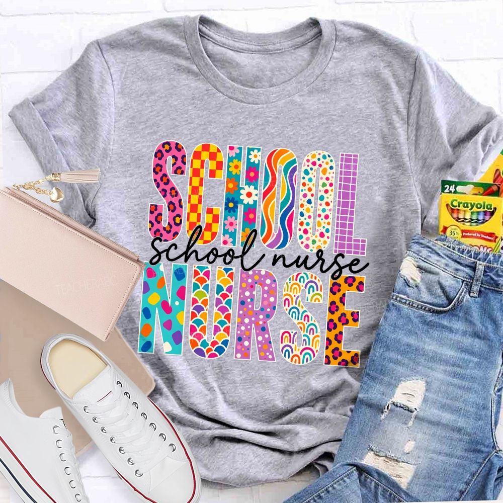 School Nurse Colorful Leopard Checkered Rainbow Graphic T-shirt