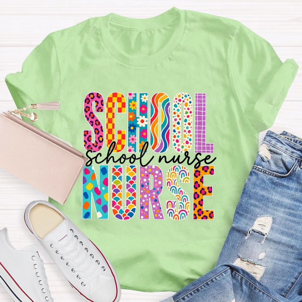 School Nurse Colorful Leopard Checkered Rainbow Graphic T-shirt