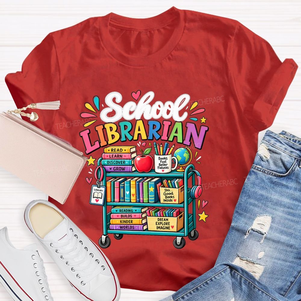 School Librarian Read Learn Discover Grow Reading Builds Worlds Kinder Worlds T-shirt