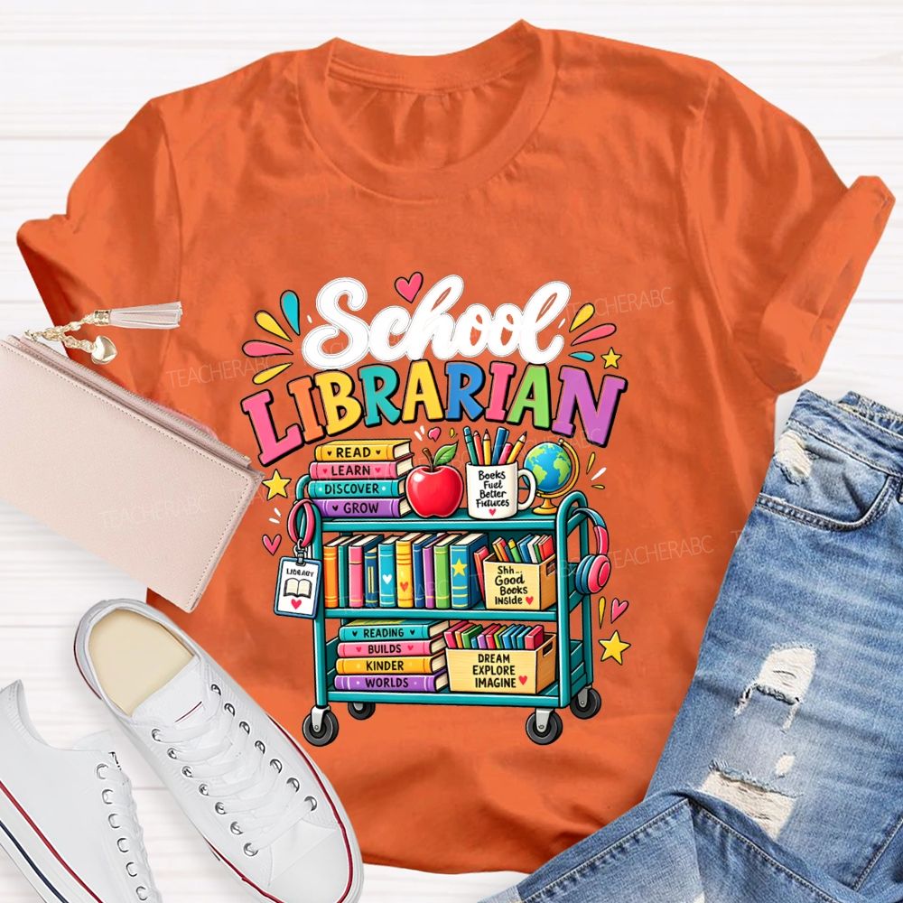 School Librarian Read Learn Discover Grow Reading Builds Worlds Kinder Worlds T-shirt