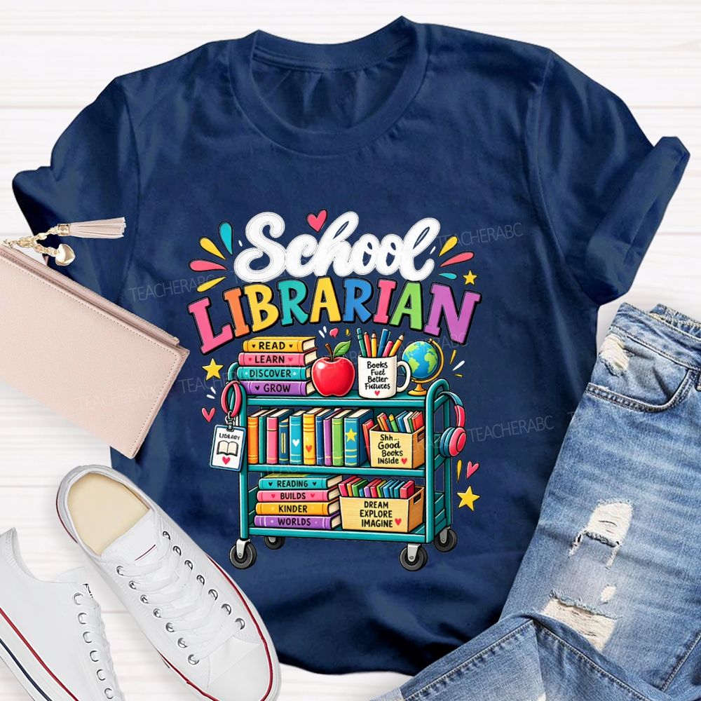 School Librarian Read Learn Discover Grow Reading Builds Worlds Kinder Worlds T-shirt