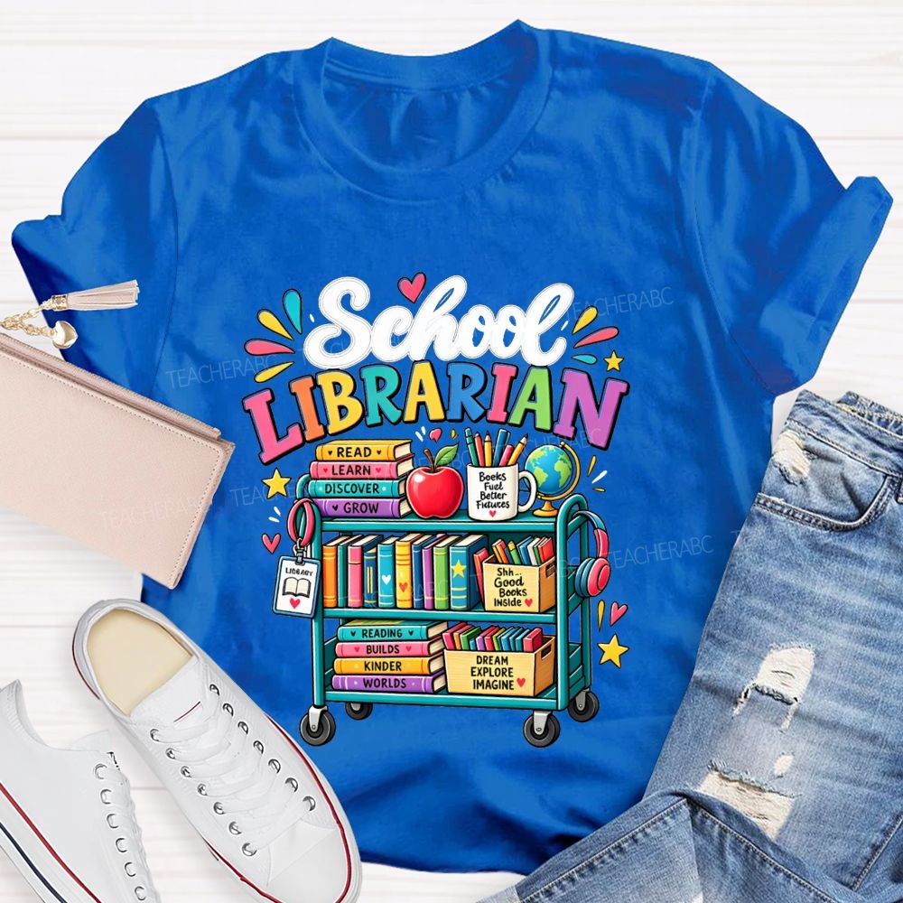 School Librarian Read Learn Discover Grow Reading Builds Worlds Kinder Worlds T-shirt