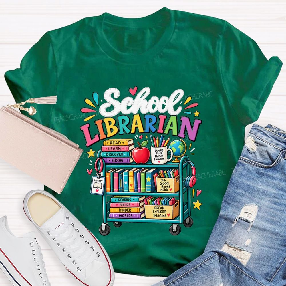 School Librarian Read Learn Discover Grow Reading Builds Worlds Kinder Worlds T-shirt
