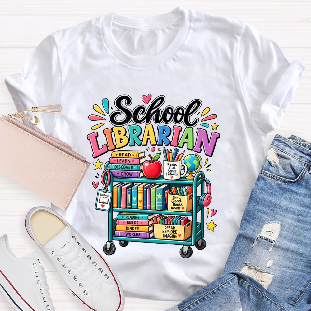 School Librarian Read Learn Discover Grow Reading Builds Worlds Kinder Worlds T-shirt
