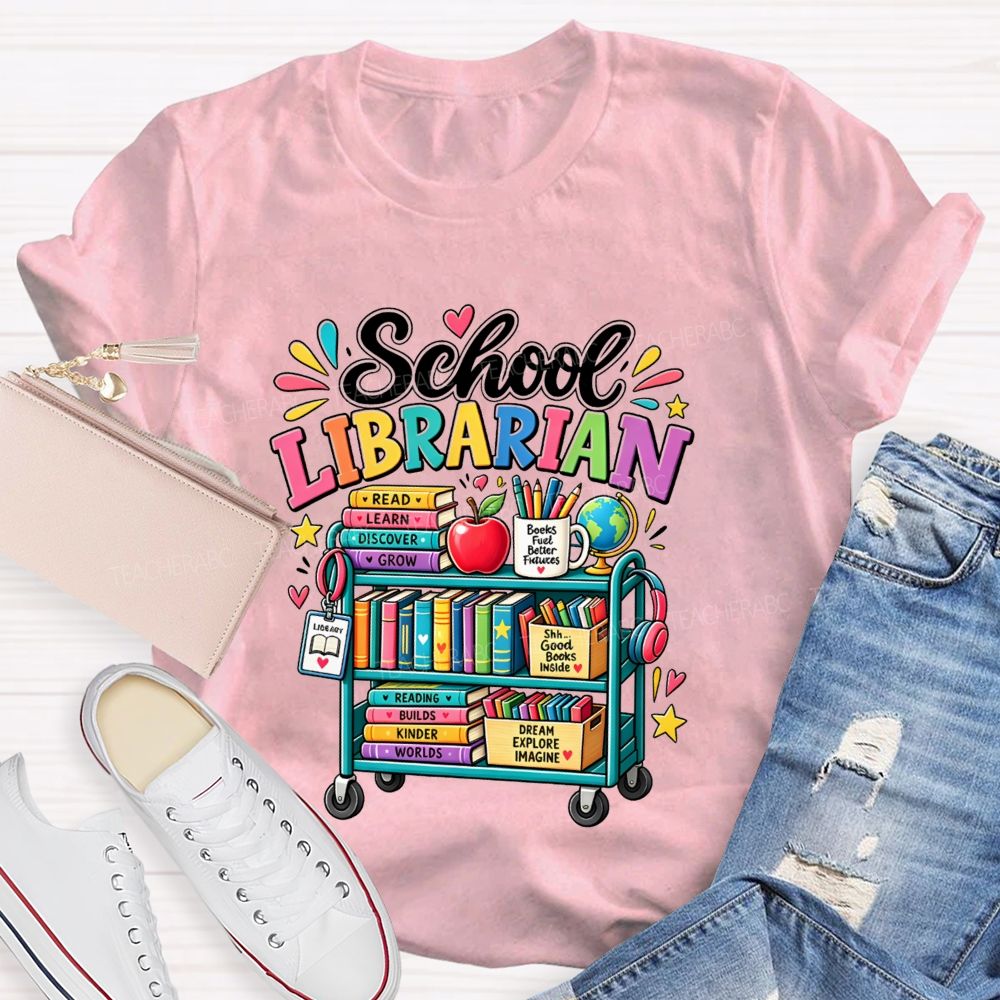 School Librarian Read Learn Discover Grow Reading Builds Worlds Kinder Worlds T-shirt