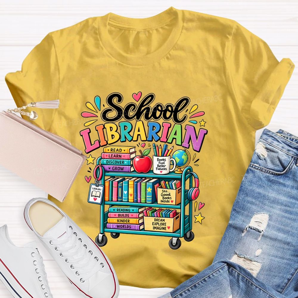 School Librarian Read Learn Discover Grow Reading Builds Worlds Kinder Worlds T-shirt