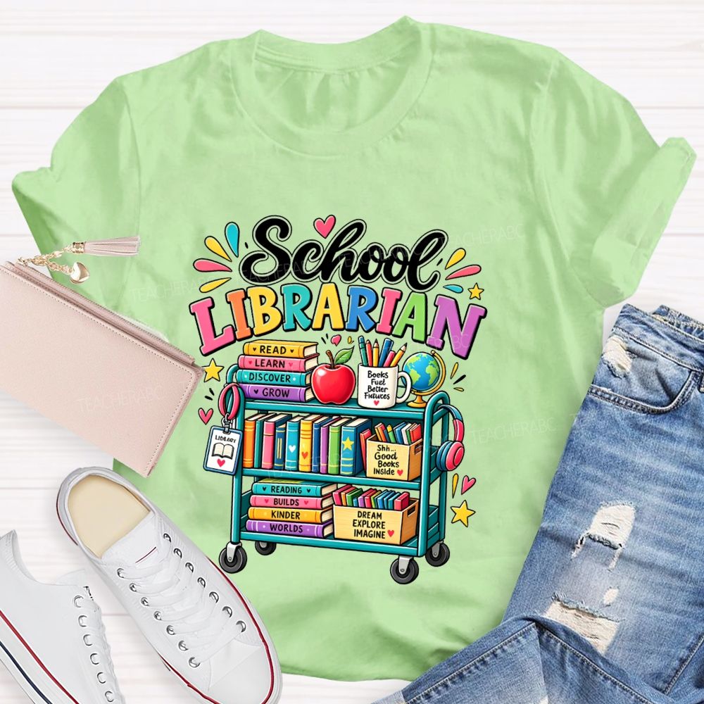 School Librarian Read Learn Discover Grow Reading Builds Worlds Kinder Worlds T-shirt