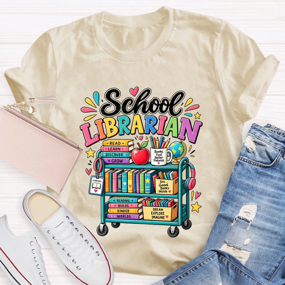 School Librarian Read Learn Discover Grow Reading Builds Worlds Kinder Worlds T-shirt