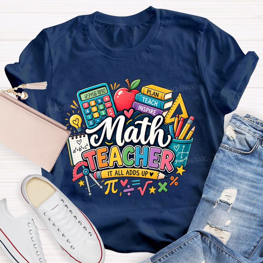 Math Teacher It All Adds Up Calculator Book Pi Math Symbol Teacher T-shirt