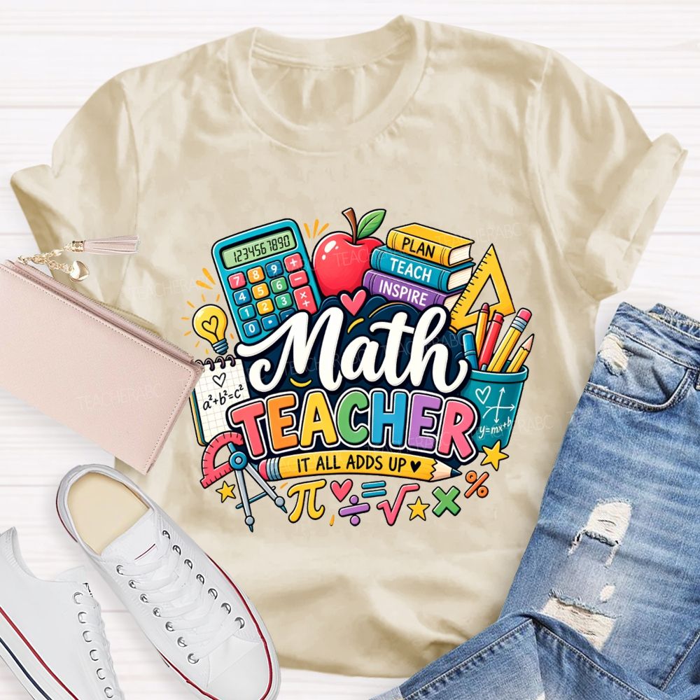 Math Teacher It All Adds Up Calculator Book Pi Math Symbol Teacher T-shirt