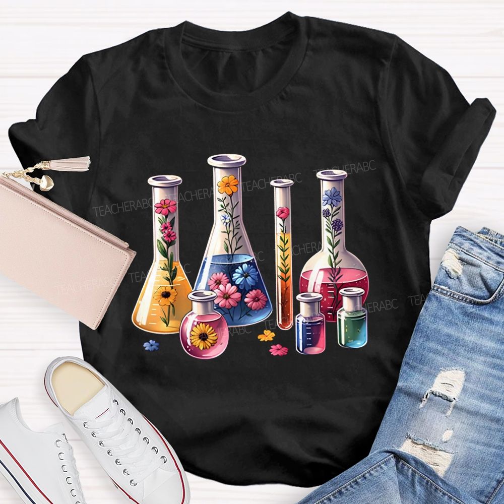 Floral Lab Beakers Test Tubes Wildflowers In Science Lab Glassware Teacher T-shirt