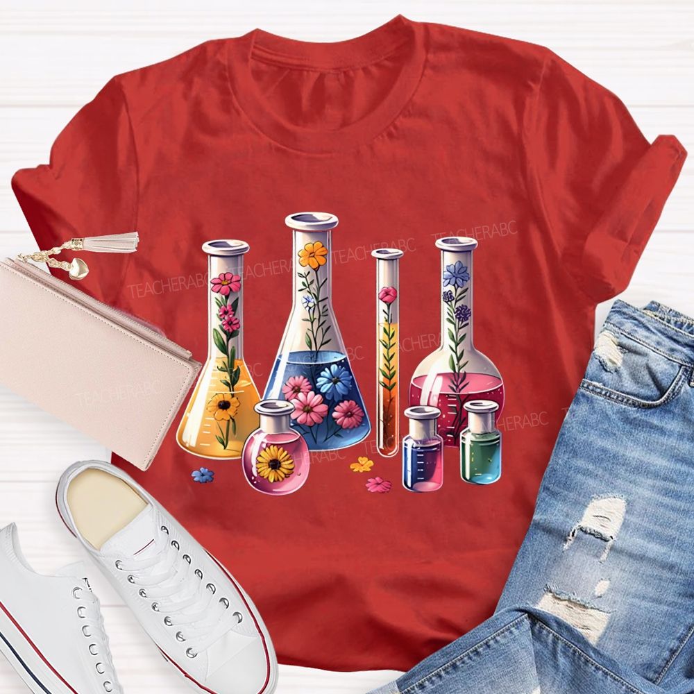 Floral Lab Beakers Test Tubes Wildflowers In Science Lab Glassware Teacher T-shirt