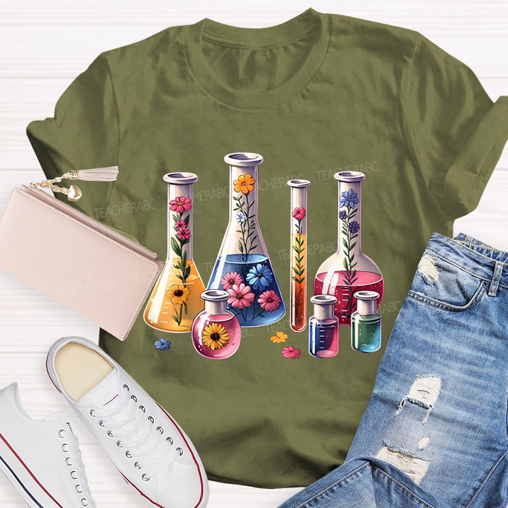 Floral Lab Beakers Test Tubes Wildflowers In Science Lab Glassware Teacher T-shirt