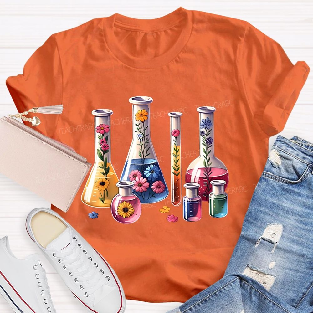 Floral Lab Beakers Test Tubes Wildflowers In Science Lab Glassware Teacher T-shirt
