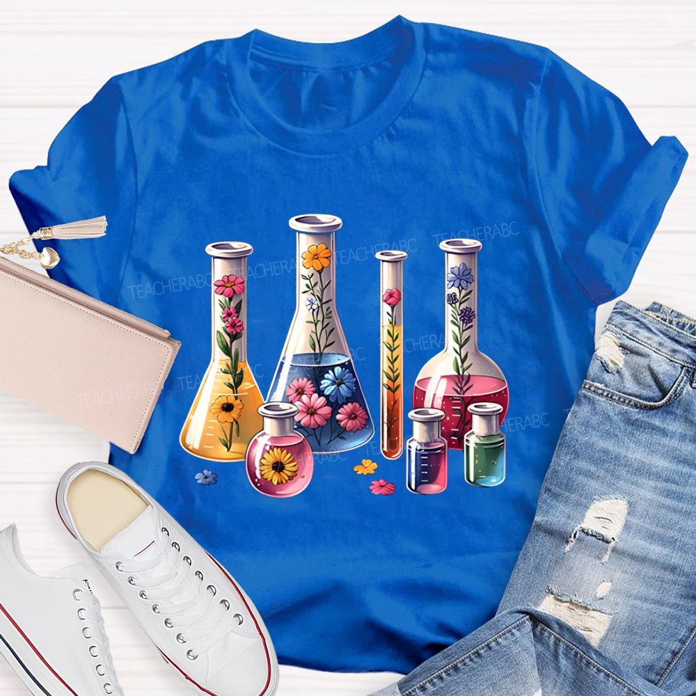 Floral Lab Beakers Test Tubes Wildflowers In Science Lab Glassware Teacher T-shirt