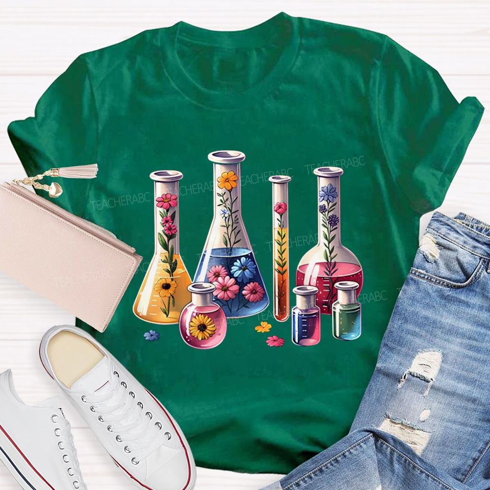 Floral Lab Beakers Test Tubes Wildflowers In Science Lab Glassware Teacher T-shirt
